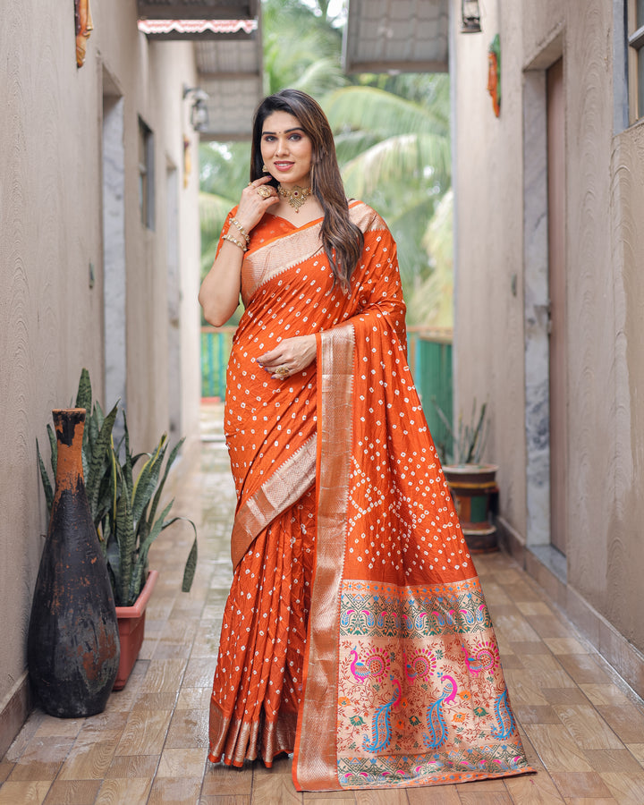 Orange Yashomati Dola Soft Silk Bandhej Sarees With Awesome Two Sides Jari Border &  Paithani Style Rich Pallu