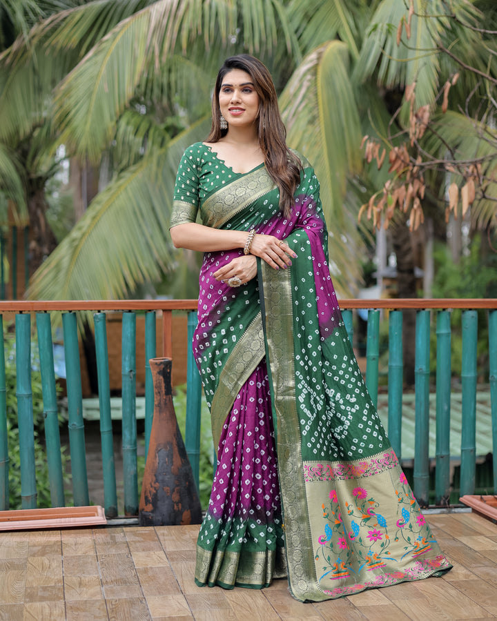 Purple Devika Dola Soft Silk Bandhej Sarees Jari Paithani Weaving Border & Weaving Paithani Style Rich Pallu