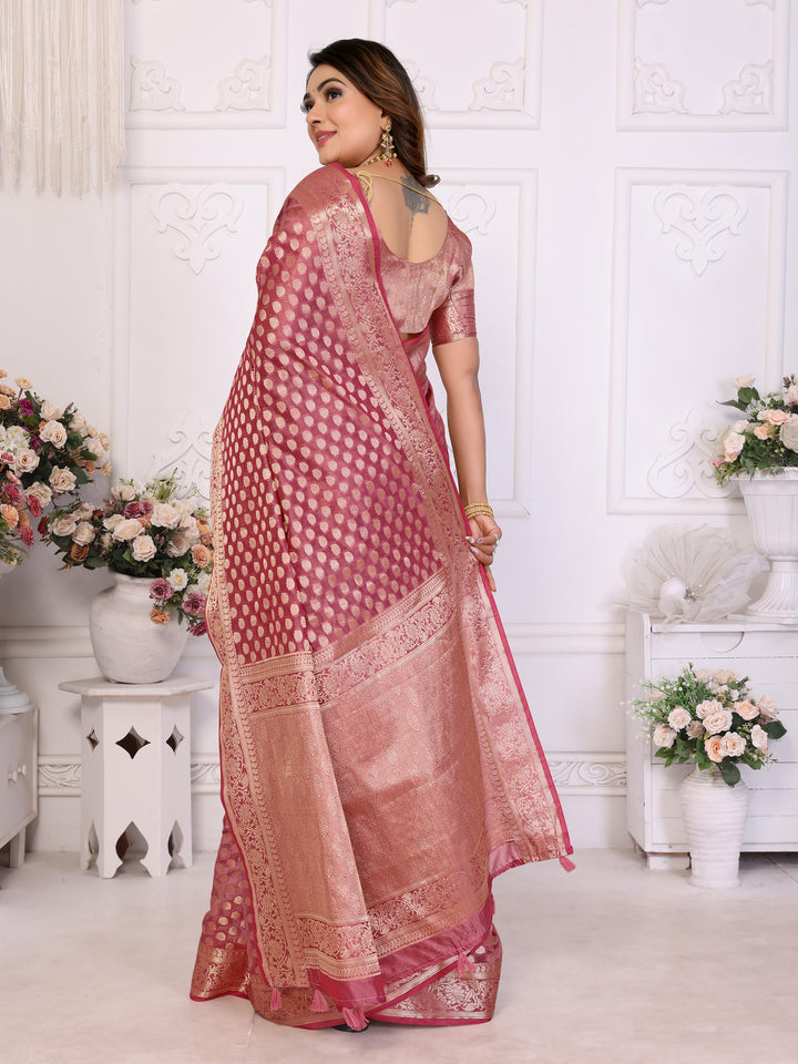 Pink Aruni Soft Organza Silk Banarasi Saree With Unique Butta With Unique Colours