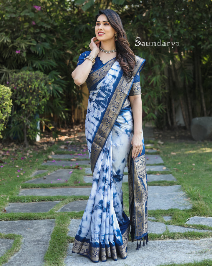 Blue Saundarya Sibori Work With Soft Dola Silk With Zari Border & Zari Weaving  Rich Pallu