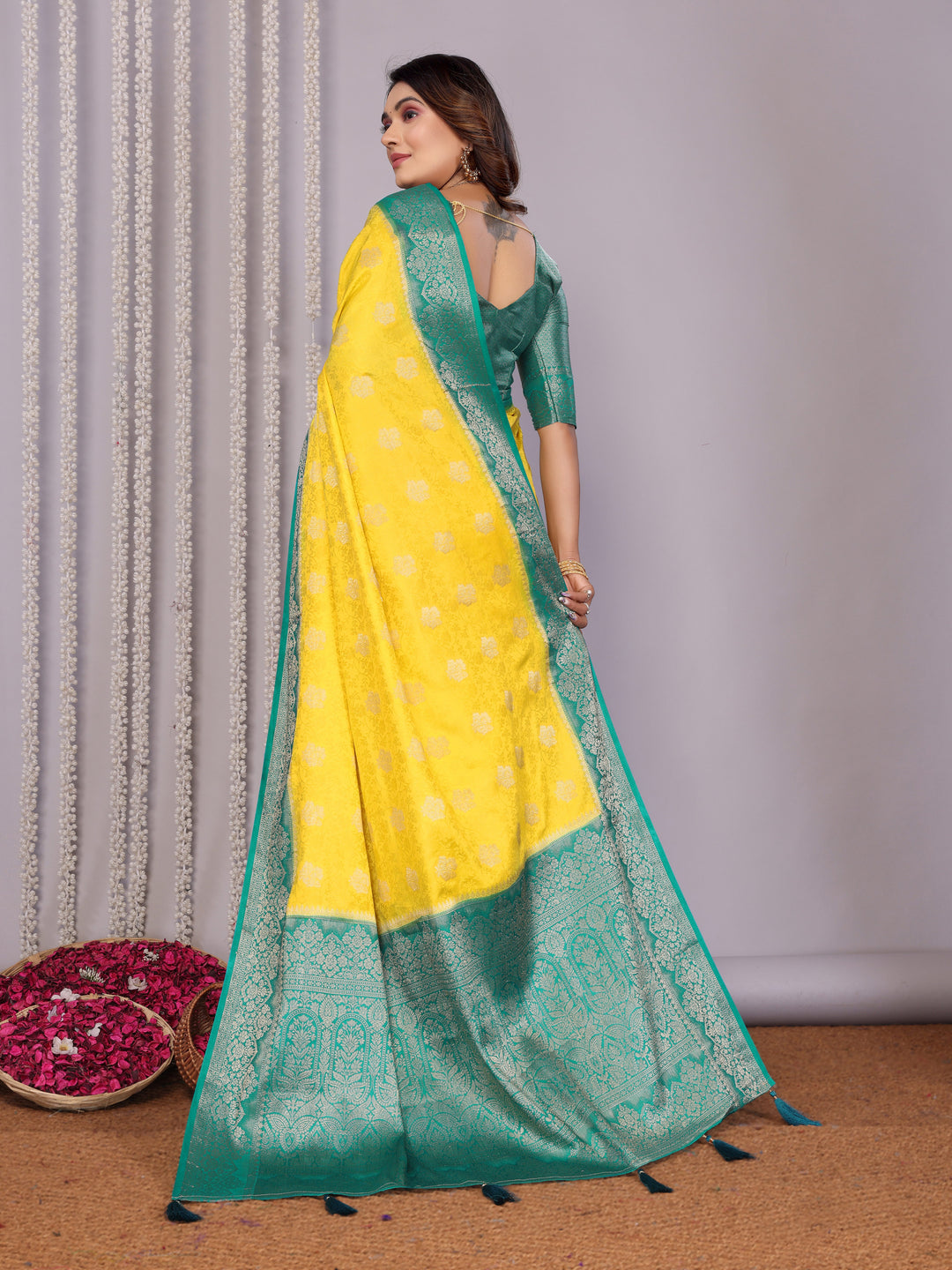 Yellow Sandhya Satin Silk Sarees With Butta Designs & Contrast Zari Woven Borders
