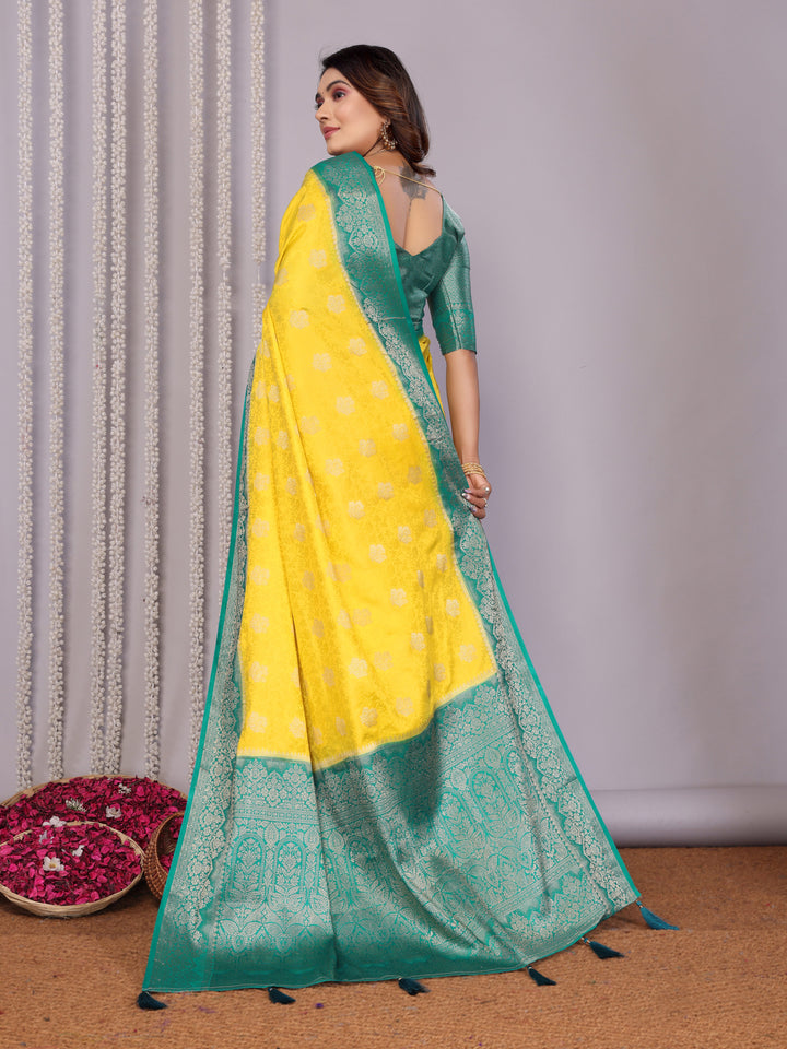 Yellow Sandhya Satin Silk Sarees With Butta Designs & Contrast Zari Woven Borders