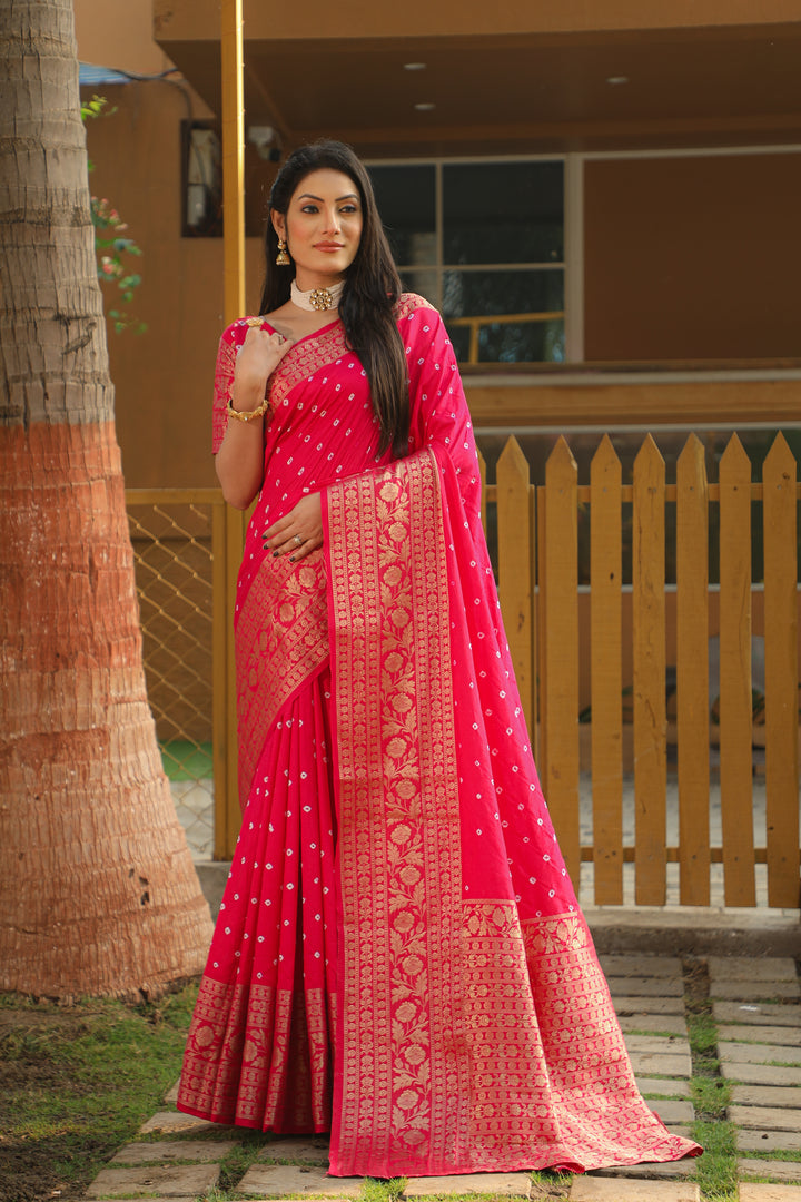 Pink Toral Bandhej Kanjivaram Silk Saree Kanjivaram Border With Zari Weaving Rich Pallu