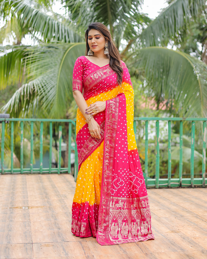 Yellow Vamika Pure Bandhej Silk Saree With Bandhej Border & Zari Weaving Rich Tissue Pallu