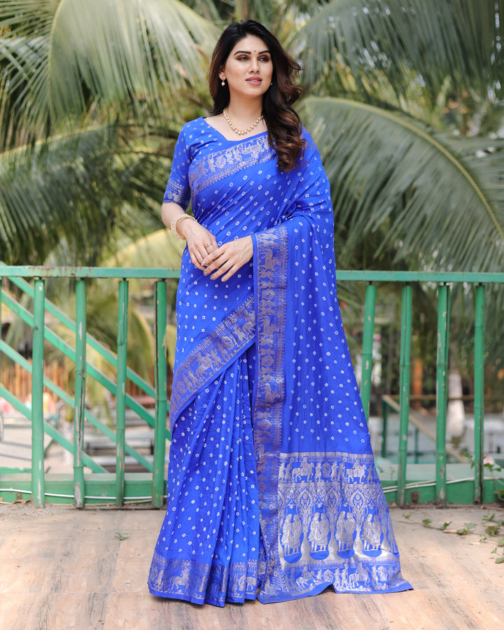 Blue Mausami Pure Bandhej Silk Saree With Zari Weaving Border & Rich Pallu With Beautiful Design And Broad Border