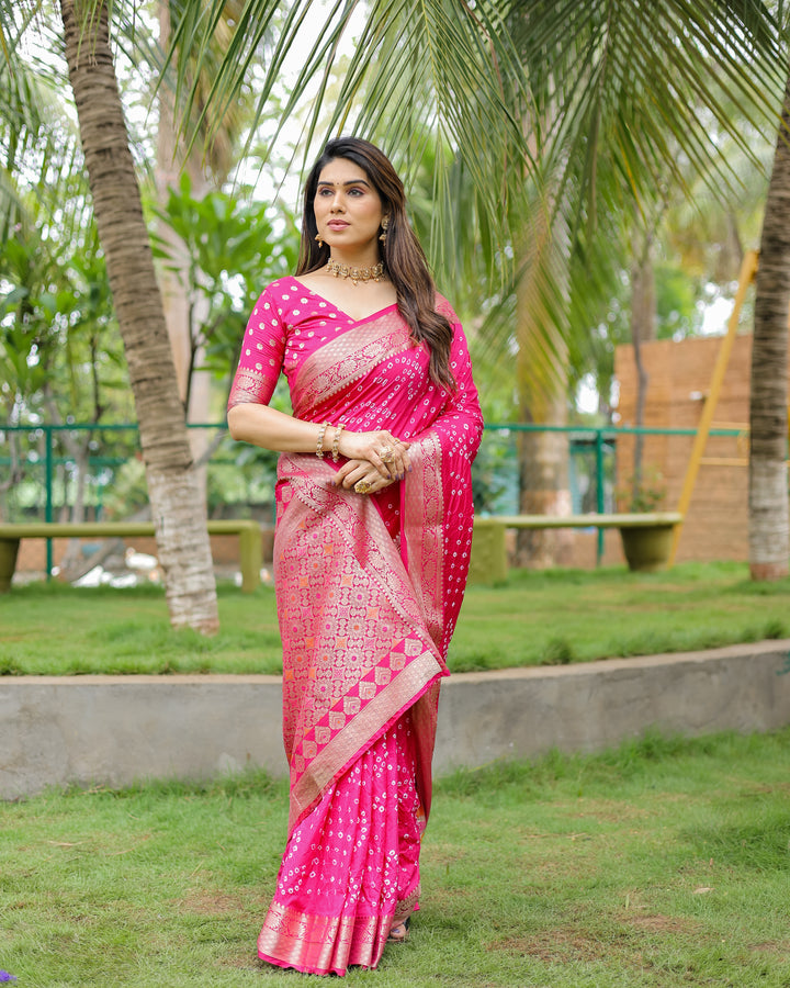 Pink Padmavati Dola Soft Silk Bandhej Saree With All Over Handmade Bandhej With Jari Weaving Border