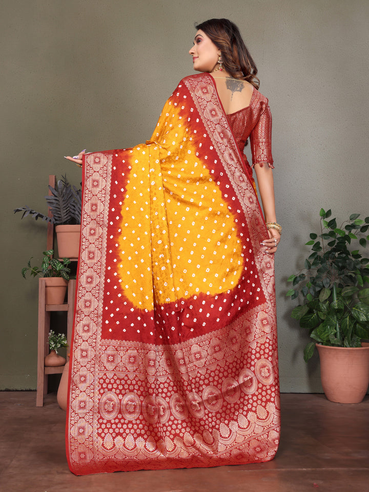 Yellow Satyavati Bandhej Satin Silk Saree Made By Original Bandhej With Zari Weaving Border