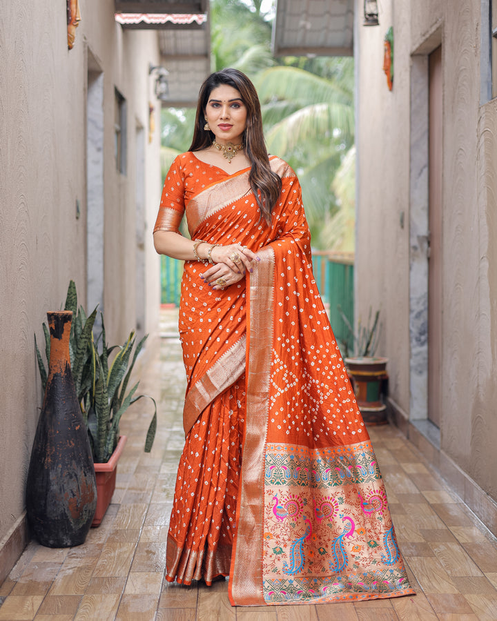 Orange Yashomati Dola Soft Silk Bandhej Sarees With Awesome Two Sides Jari Border &  Paithani Style Rich Pallu