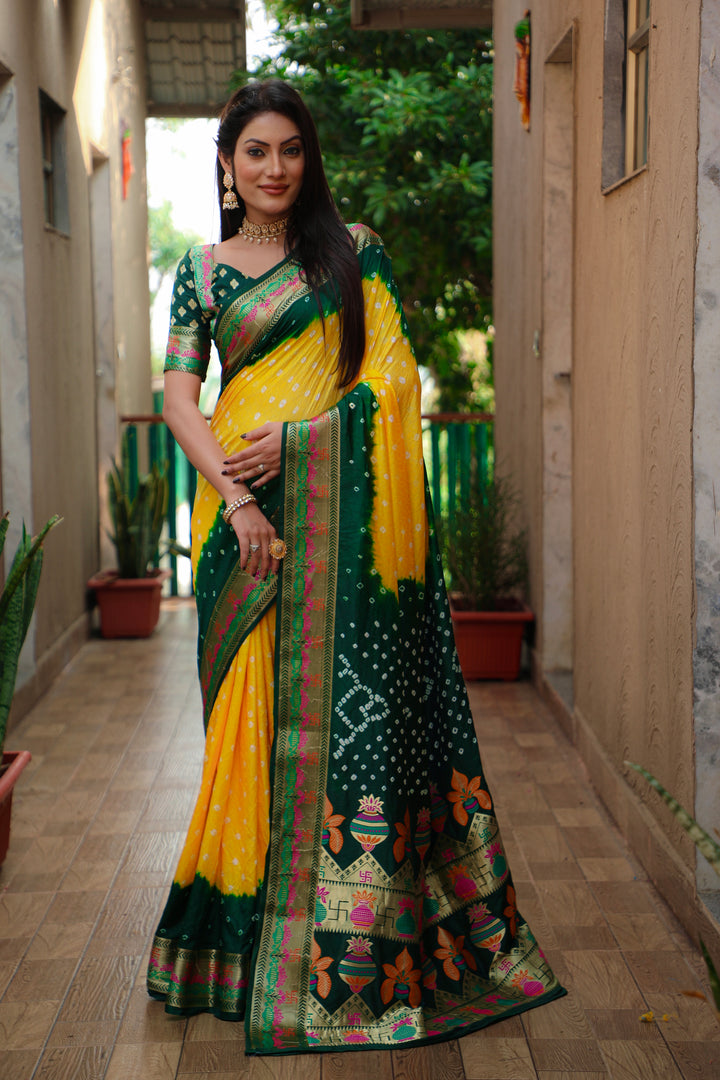Yellow Swastik Pure Bandhej Silk Saree With Minakari Border Kalash & Swastik Design Rich Pallu Saree