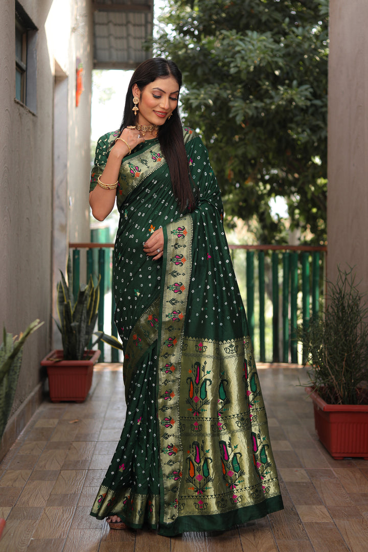 Green Yogeshwari Dola Soft Silk Bandhej Saree With Jari Border & Weaving Paithani Style Rich Pallu