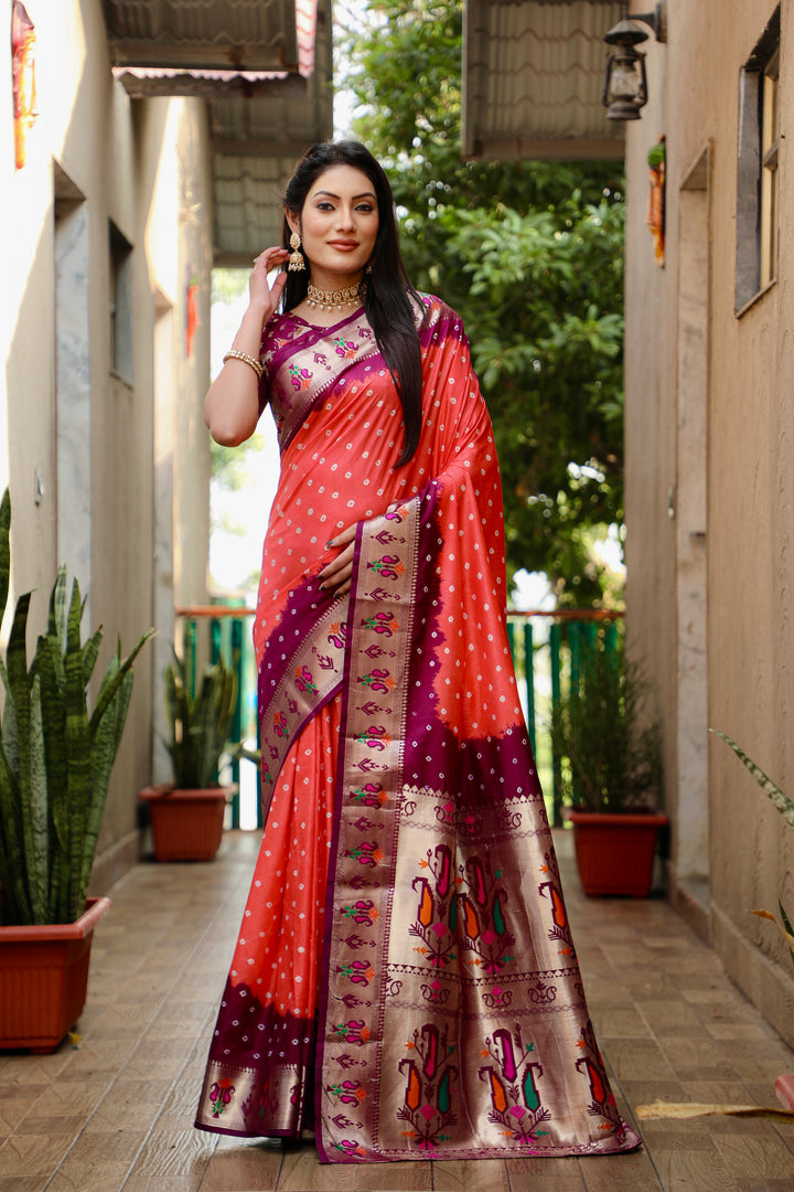 Peach Chandani Dola Soft Silk Bandhej Saree With Jari Paithani Border