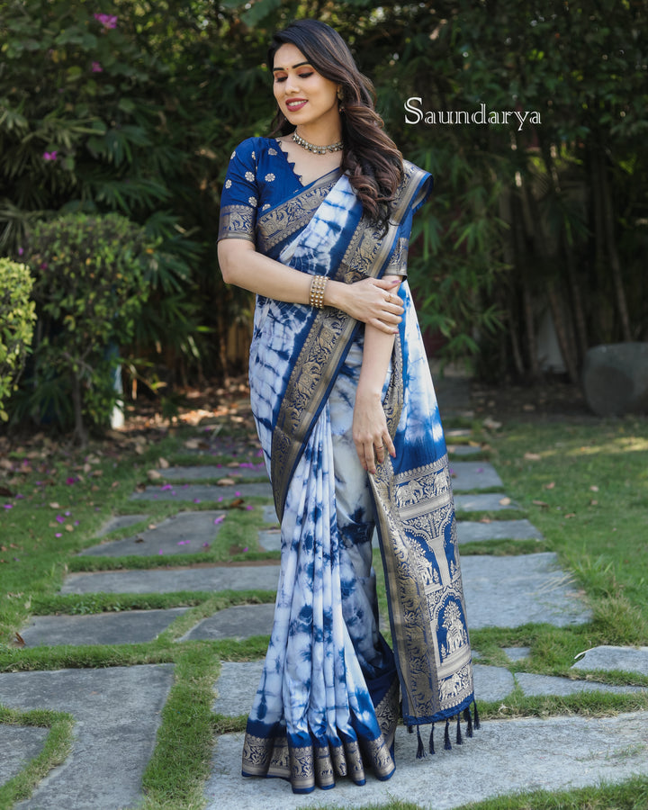 Blue Saundarya Sibori Work With Soft Dola Silk With Zari Border & Zari Weaving  Rich Pallu