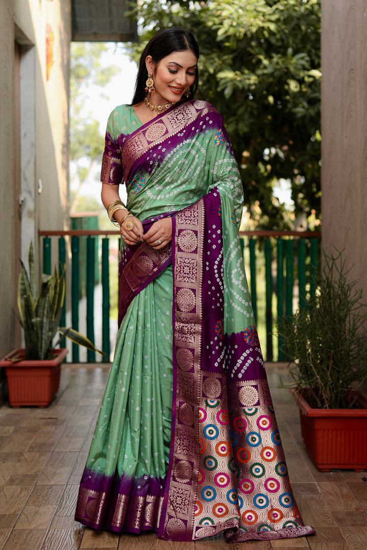 Green Ishani Pure Bandhej Silk Saree Minakari Weaving Butta With Zari