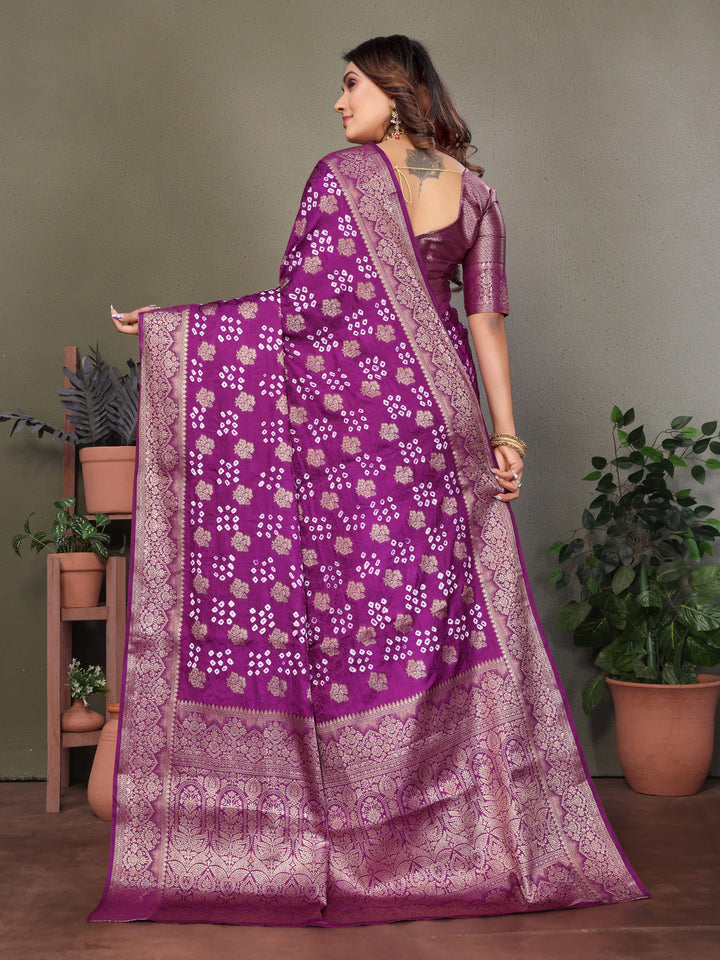 Purple Shakuntala Bandhej Silk Saree With Zari Weaving Butta & Zari Rich Pallu With Beautiful Design & Broad Border