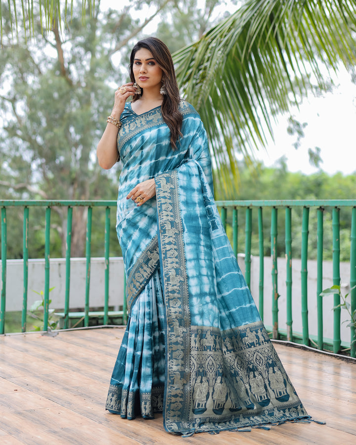 Blue Rangavelly Sibori Print Paithani Silk Sarees With Gold Zari Paithani Border & Contrast Rich Pallu