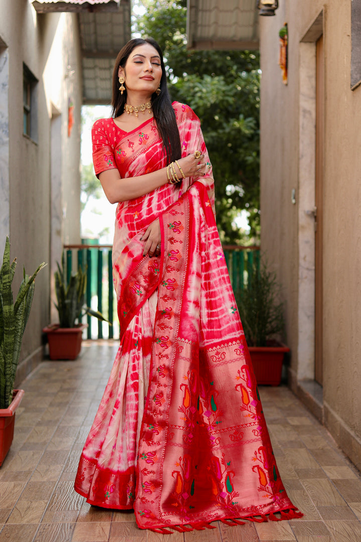 Red Poonam Sibori Print Paithani Silk Sarees With Gold Zari Paithani Border & Contrast Rich Pallu