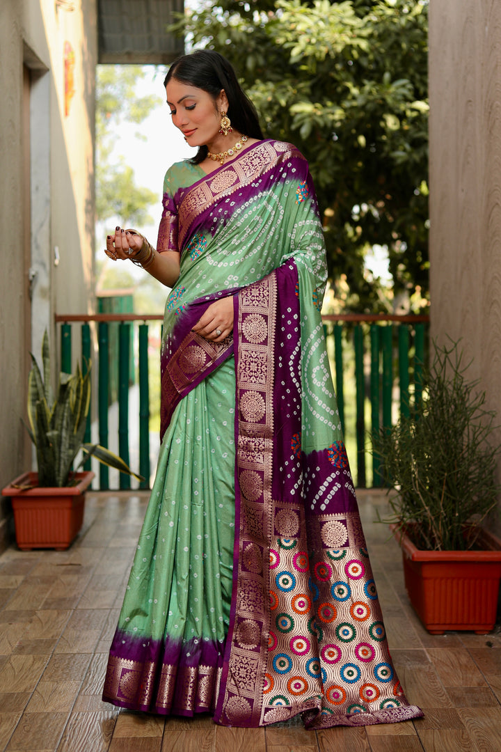 Green Ishani Pure Bandhej Silk Saree Minakari Weaving Butta With Zari