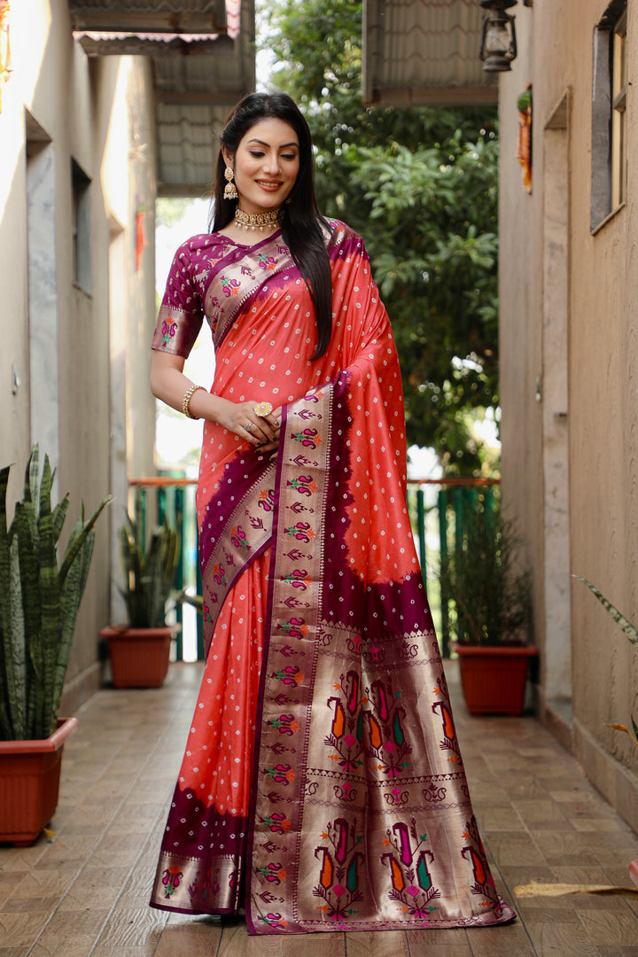 Peach Chandani Dola Soft Silk Bandhej Saree With Jari Paithani Border