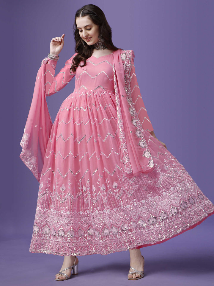 Indian Wear Pink Georgette Gown With Sequence Embroidery Work And Dupatta For Women, Anarkali Kurti, Long Flared Dress, Bridesmaid Dress