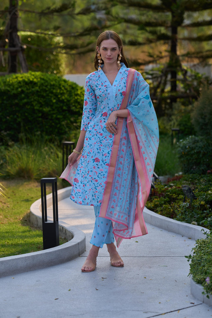 Sky Blue Color Tissue with floral print and embroidery Kurti with Pant And Dupatta Sets