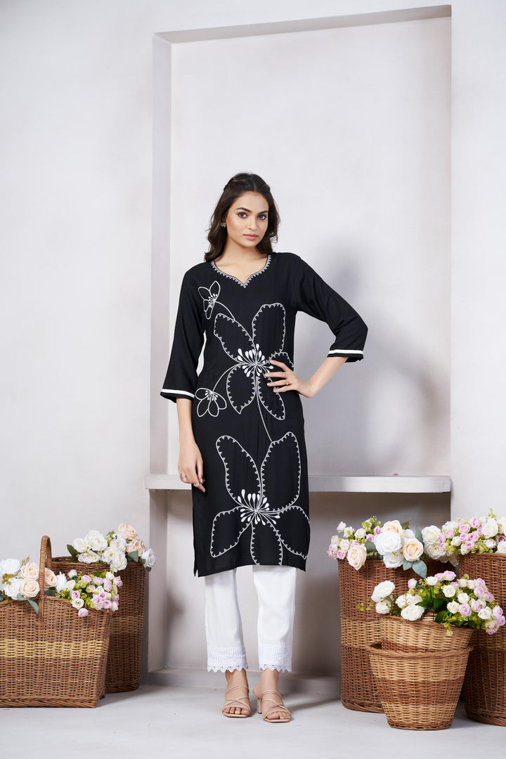 Black Color Cotton Lilen With Print And Embroidery Work Kurti