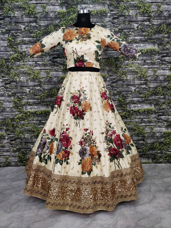 Cream Color Art Silk Sequins Embroidered Border and Pearl work Lehenga Choli