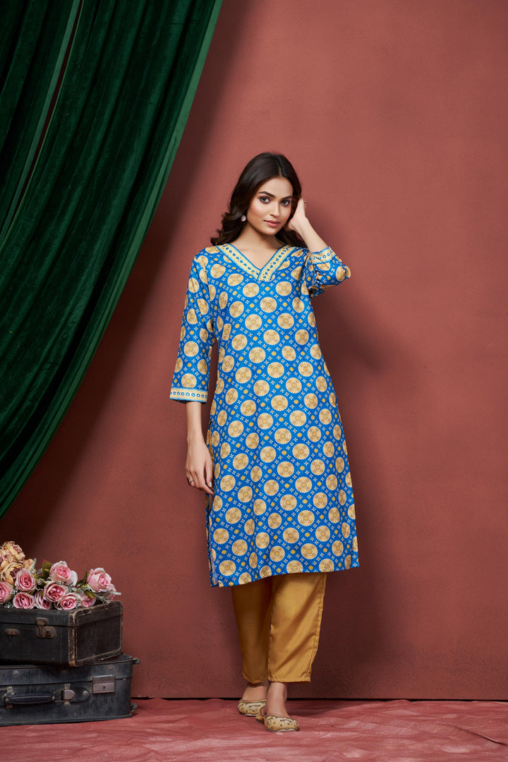 Blue Color Cotton Lilen With Print And Embroidery Work Kurti