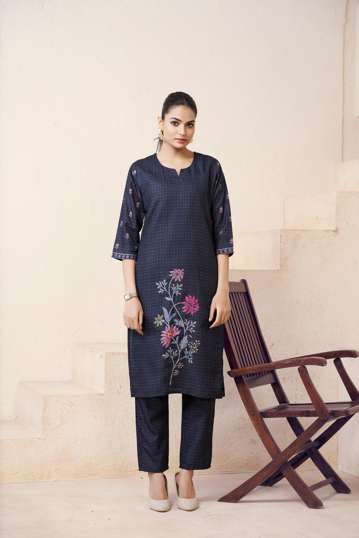 Navy Blue Color Cotton Lilen With Print And Embroidery Work Kurti