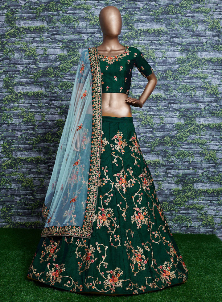 Green Color Taffeta Silk Sequins Embroidery with diamond work Lehenga Choli