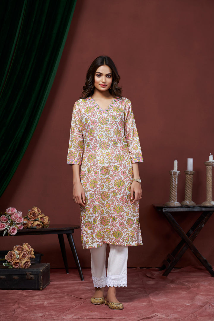 White and Pink Color Cotton Lilen With Print And Embroidery Work Kurti