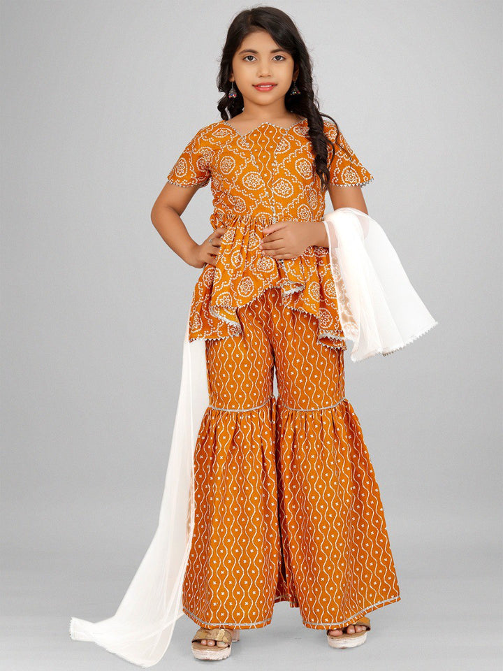 Yellow Colour Reyon Printed Gotta patti lace Top with sharara Dupatta set(3 PICS)