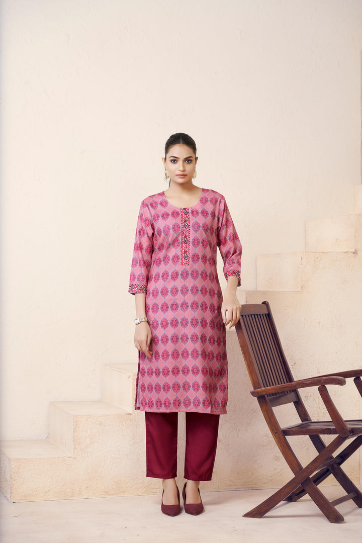 Pink Color Cotton Lilen With Print And Embroidery Work Kurti
