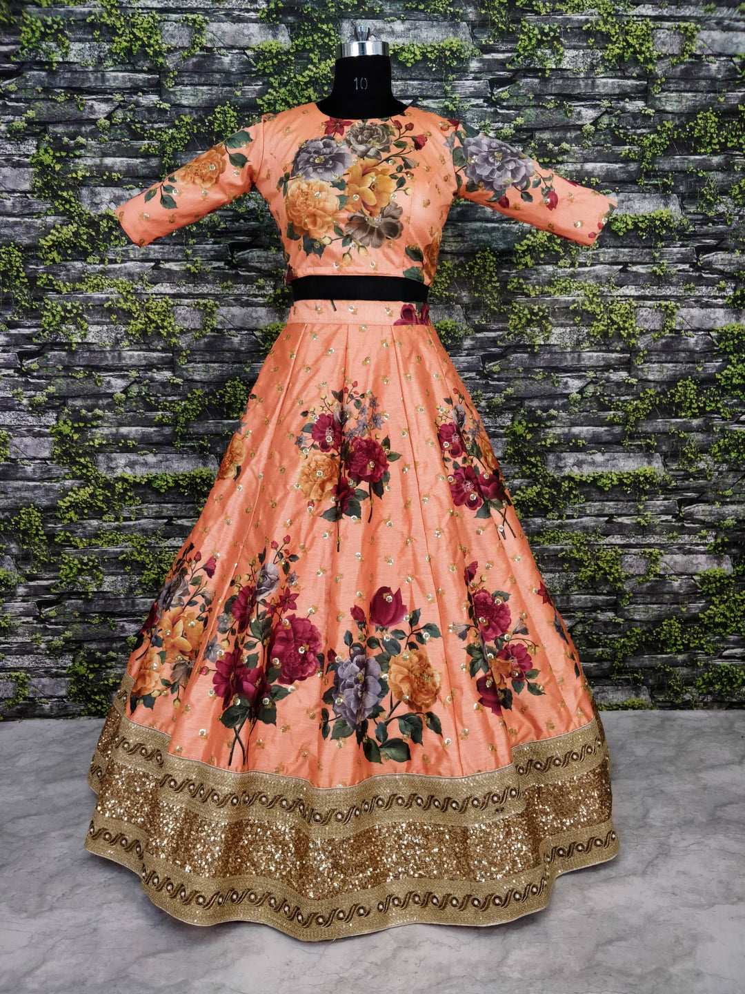 Peach Color Art Silk Sequins Embroidered Border and Pearl work Lehenga Choli