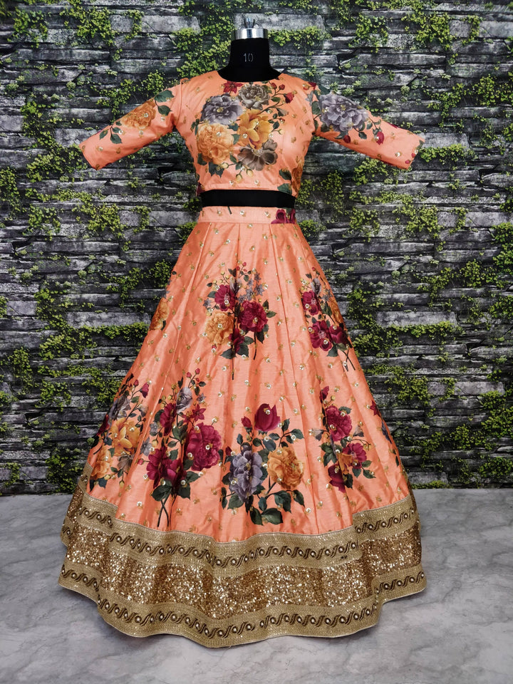 Peach Color Art Silk Sequins Embroidered Border and Pearl work Lehenga Choli