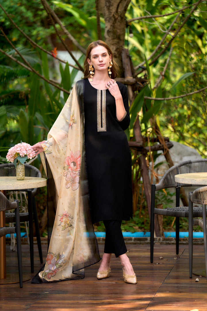 Black Color Viscose Rayon embroidery Kurti with Pant And Dupatta Sets