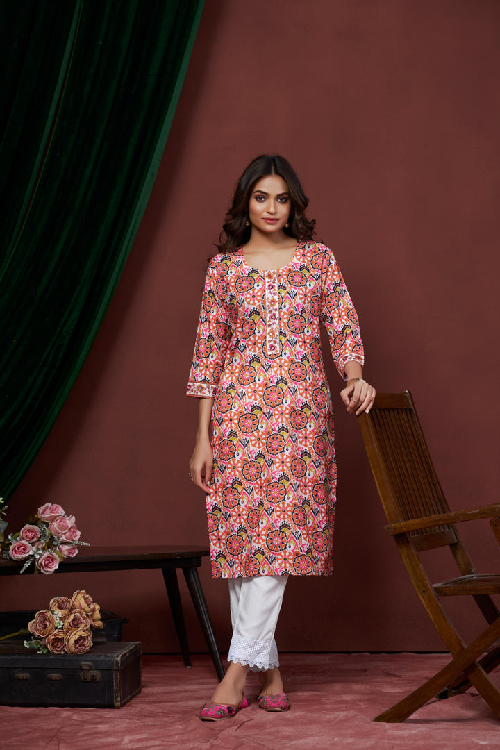 Peach Color Cotton Lilen With Print And Embroidery Work Kurti