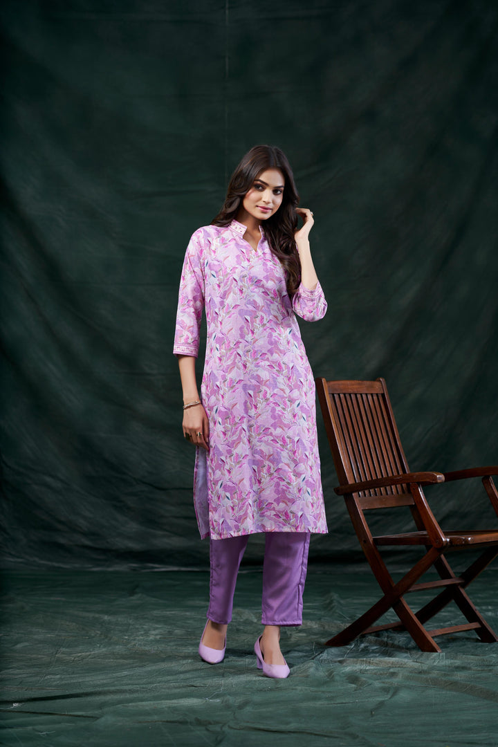Purple Color Cotton Lilen With Print And Embroidery Work Kurti