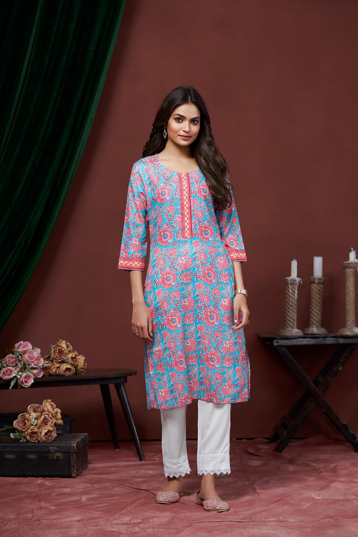 Blue And Pink Color Cotton Lilen With Print And Embroidery Work Kurti