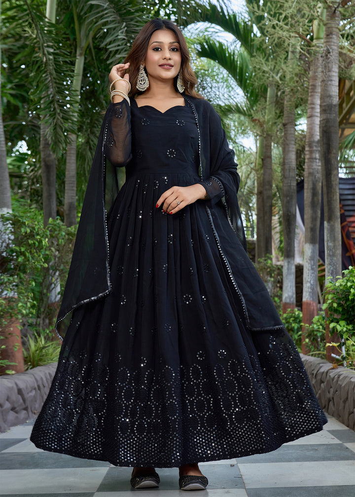Indian Partywear Black Georgette Anarkali Gown With Heavy Embroidery Sequence Work And Dupatta For Women, Designer Gown,Traditional Dress