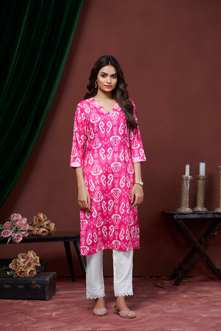 Pink Color Cotton Lilen With Print And Embroidery Work Kurti