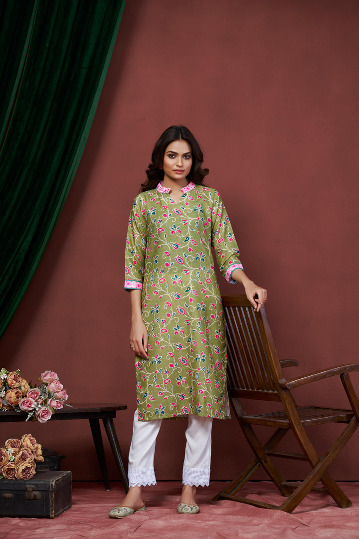 Green Color Cotton Lilen With Print And Embroidery Work Kurti