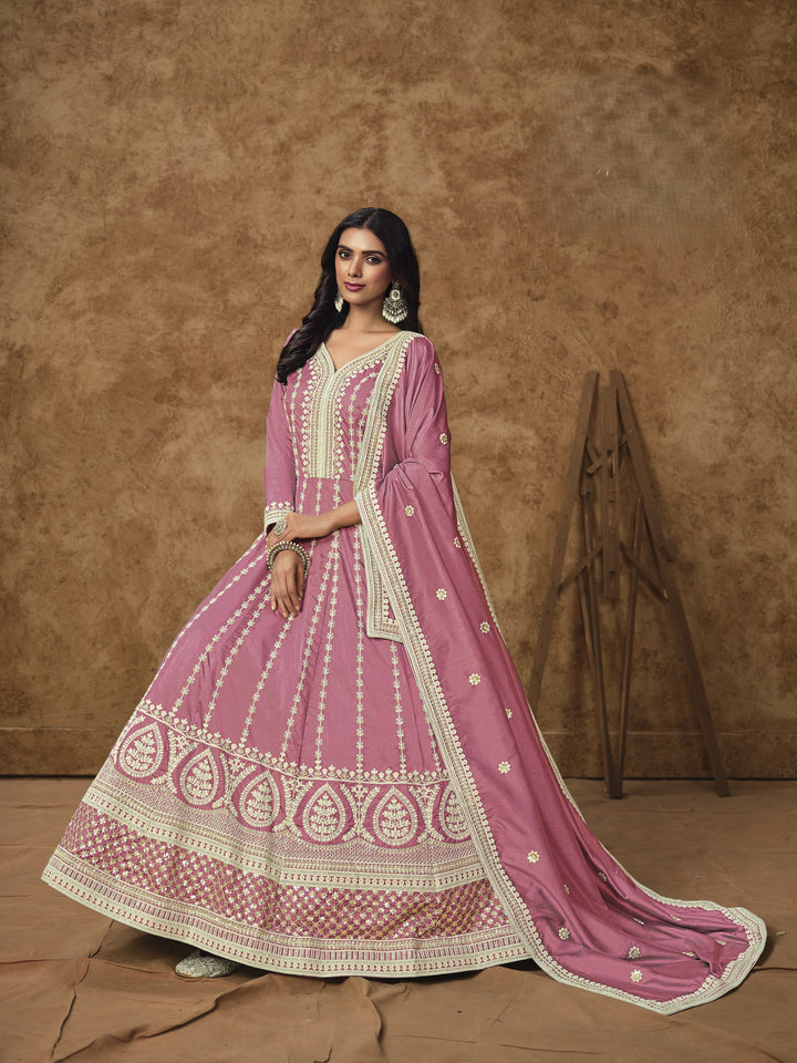 Pink Color Dolla Silk With Embroidery And Sequins Work Anarkali Dress