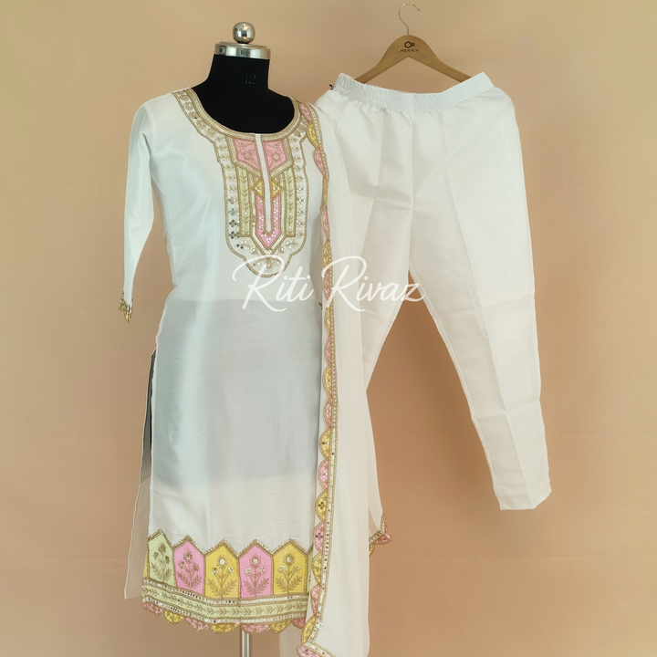 Traditional Look White Color Silk Fabric Embroidered Top, Bottom, Dupatta Ready to wear Festive Wear Salwar Suit For Women, Daily Wear
