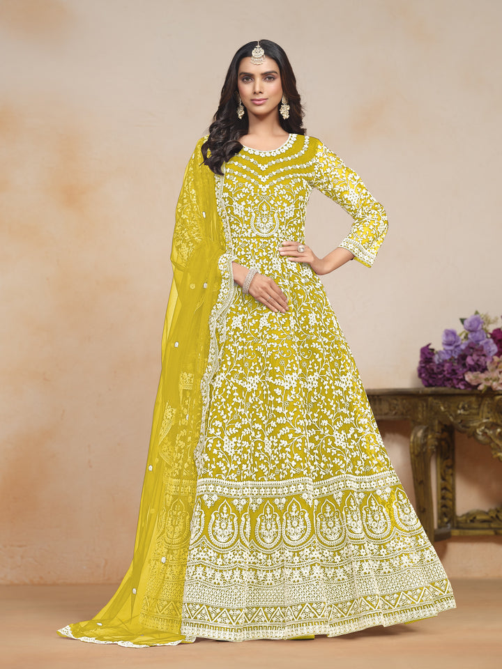 Yellow Color Net Santool With Embroidery Work Dress And Dupatta