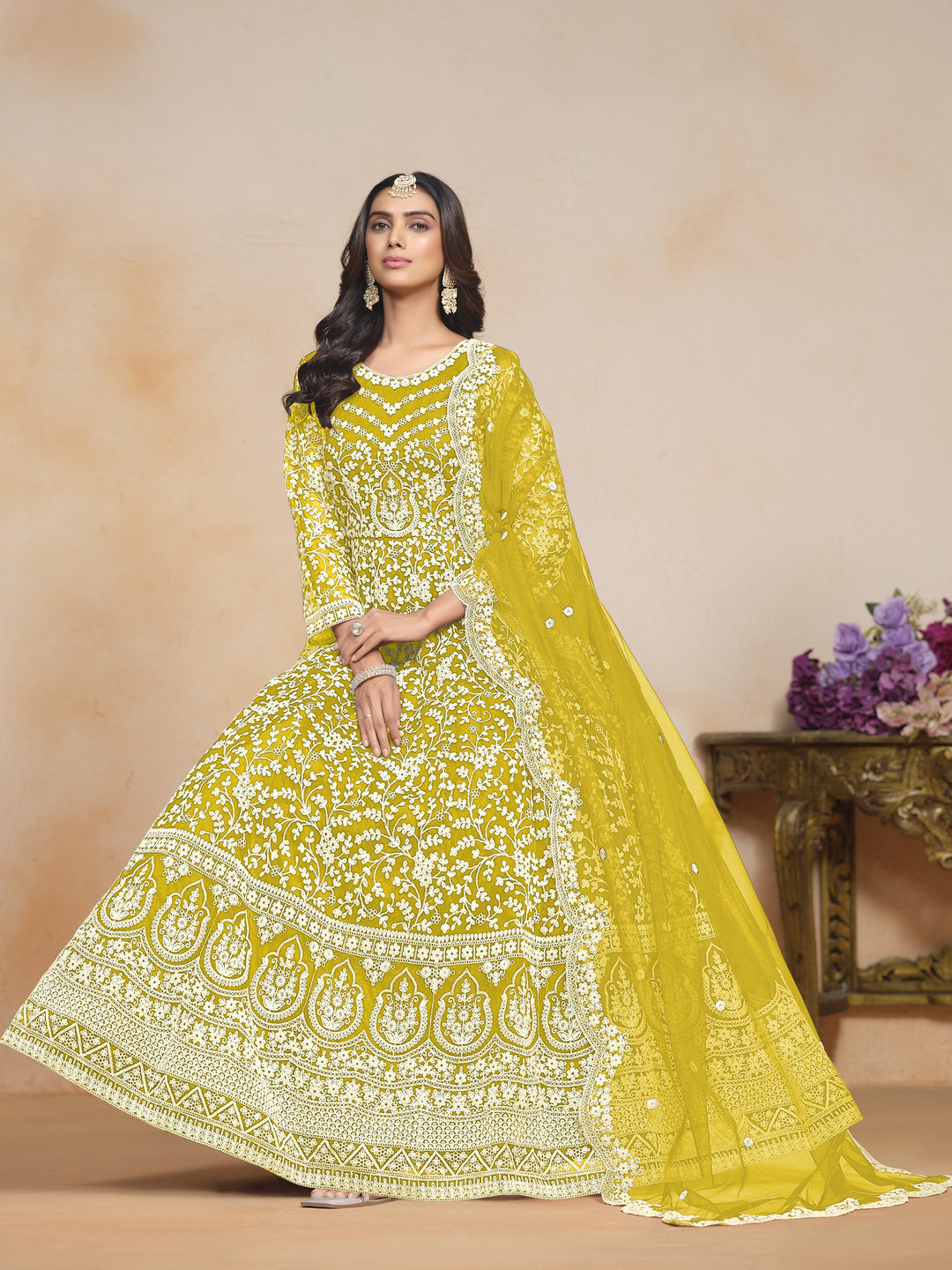 Yellow Color Net Santool With Embroidery Work Dress And Dupatta