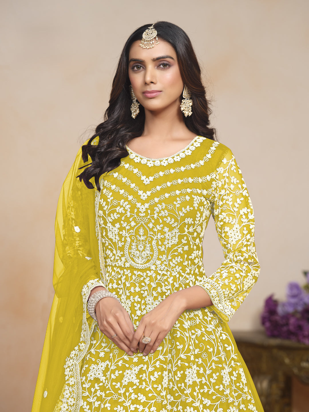 Yellow Color Net Santool With Embroidery Work Dress And Dupatta