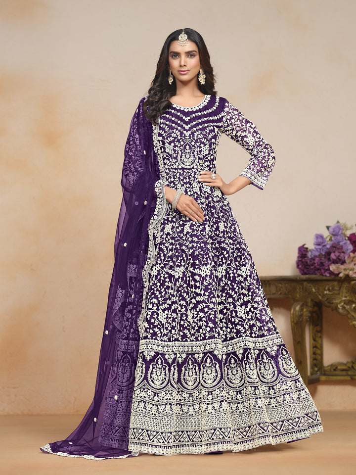 Purple Color Net Santool With Embroidery Work Dress And Dupatta