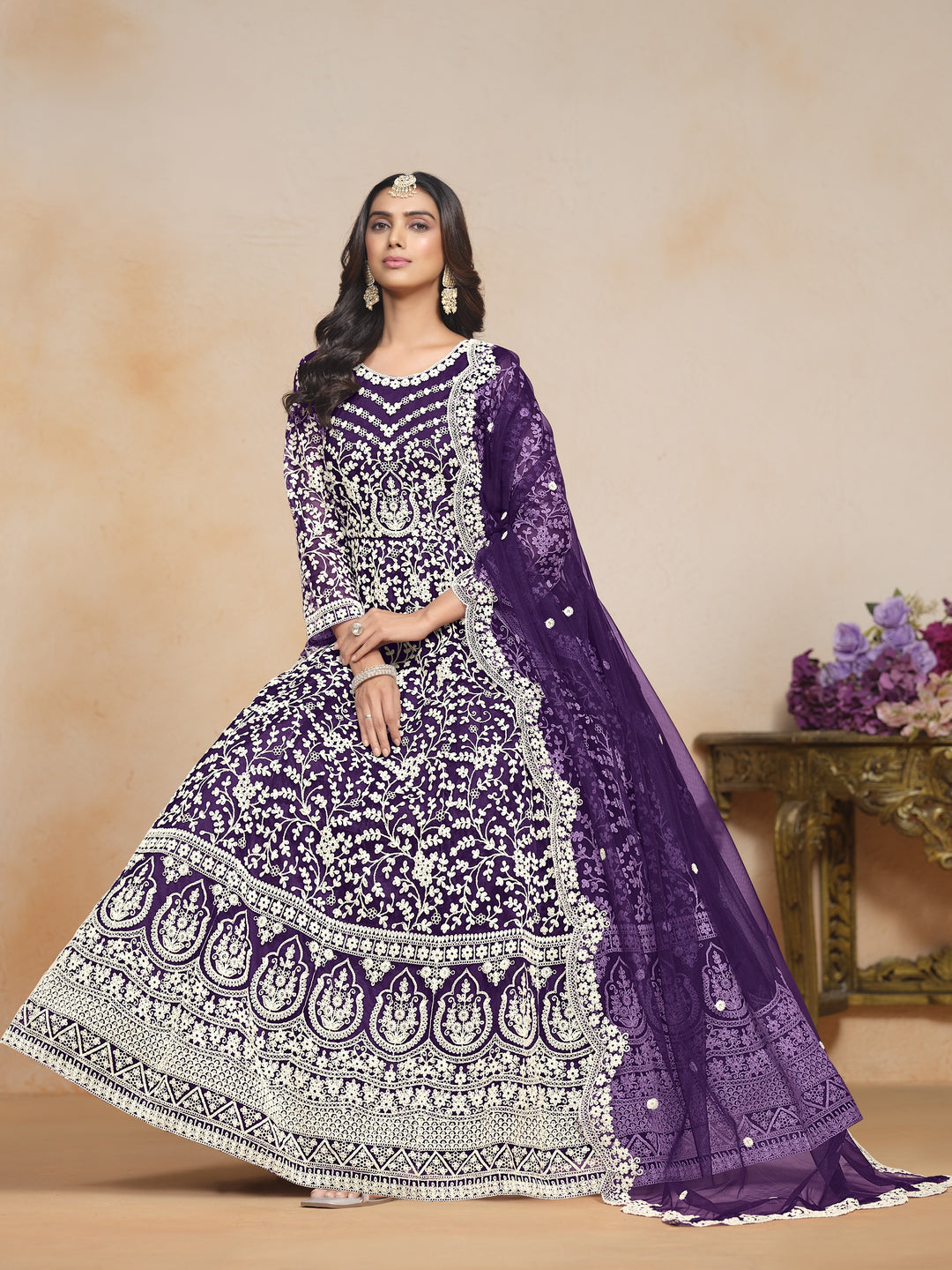 Purple Color Net Santool With Embroidery Work Dress And Dupatta