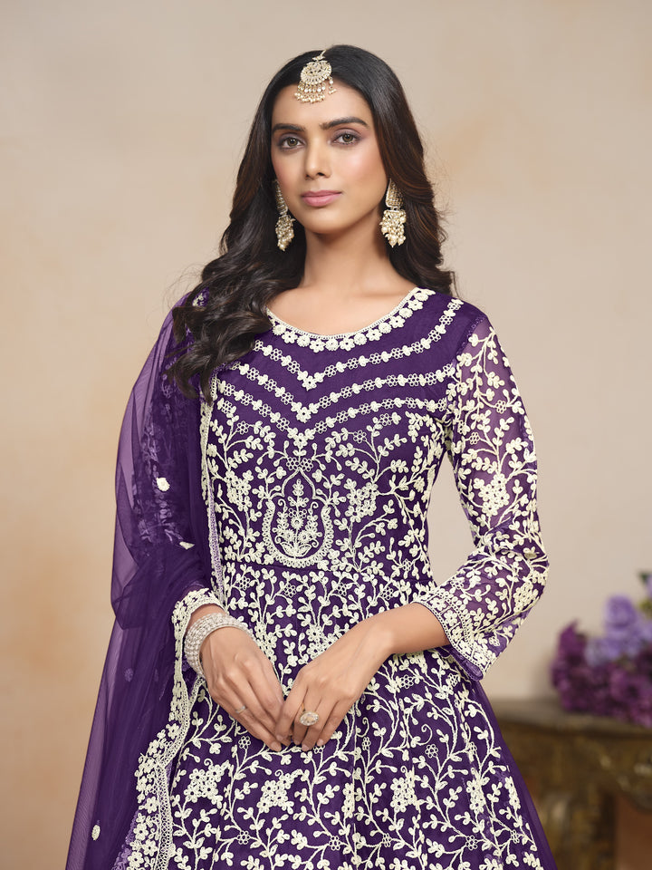 Purple Color Net Santool With Embroidery Work Dress And Dupatta
