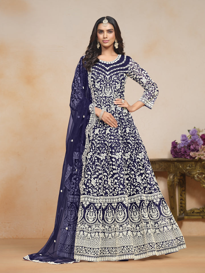 Blue Color Net Santool With Embroidery Work Dress And Dupatta